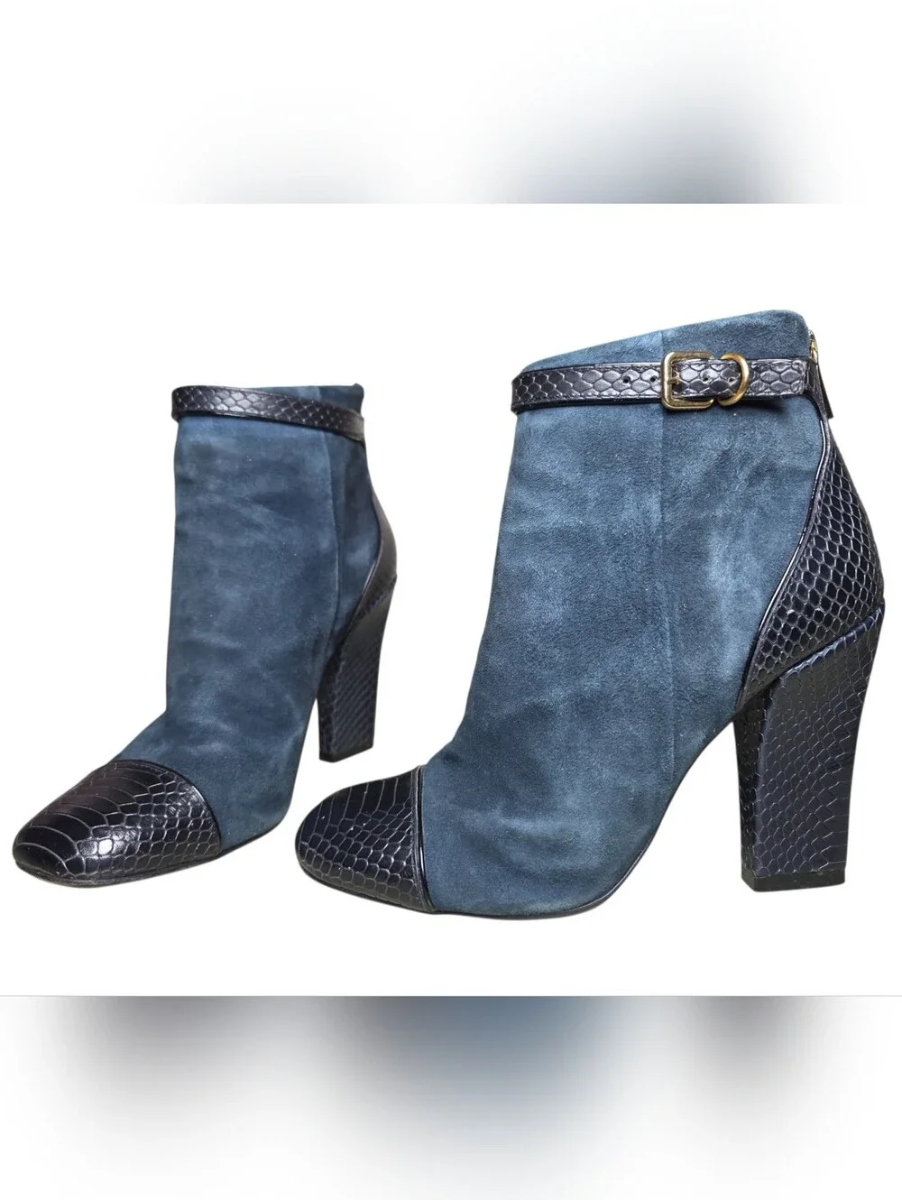 Tory Burch Navy Suede & Black Croc-Trim Ankle Booties, Size 7.